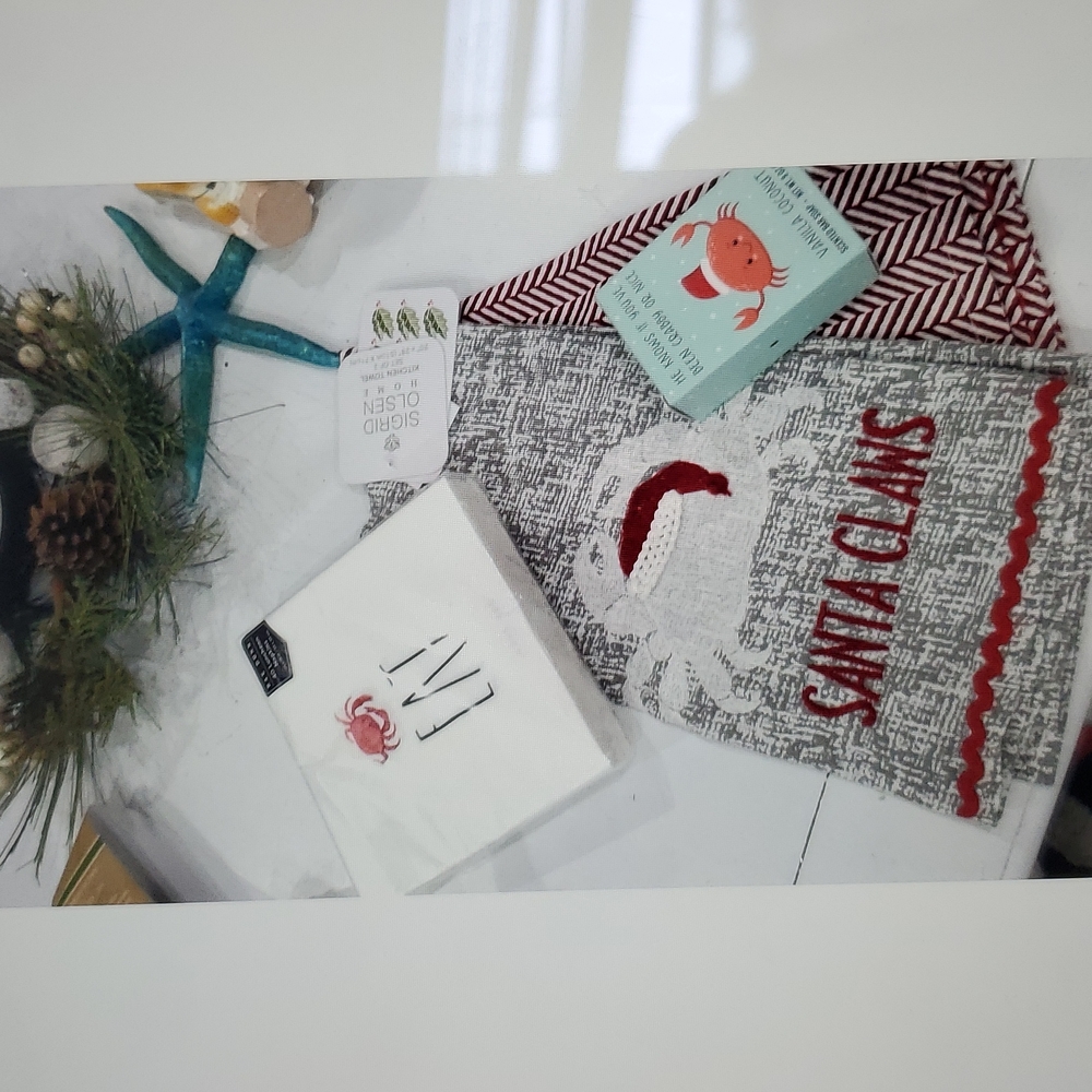SANTA CLAWS TOWELS.  Rae Dunn CRAB SOAP & CRAB NAPKINS